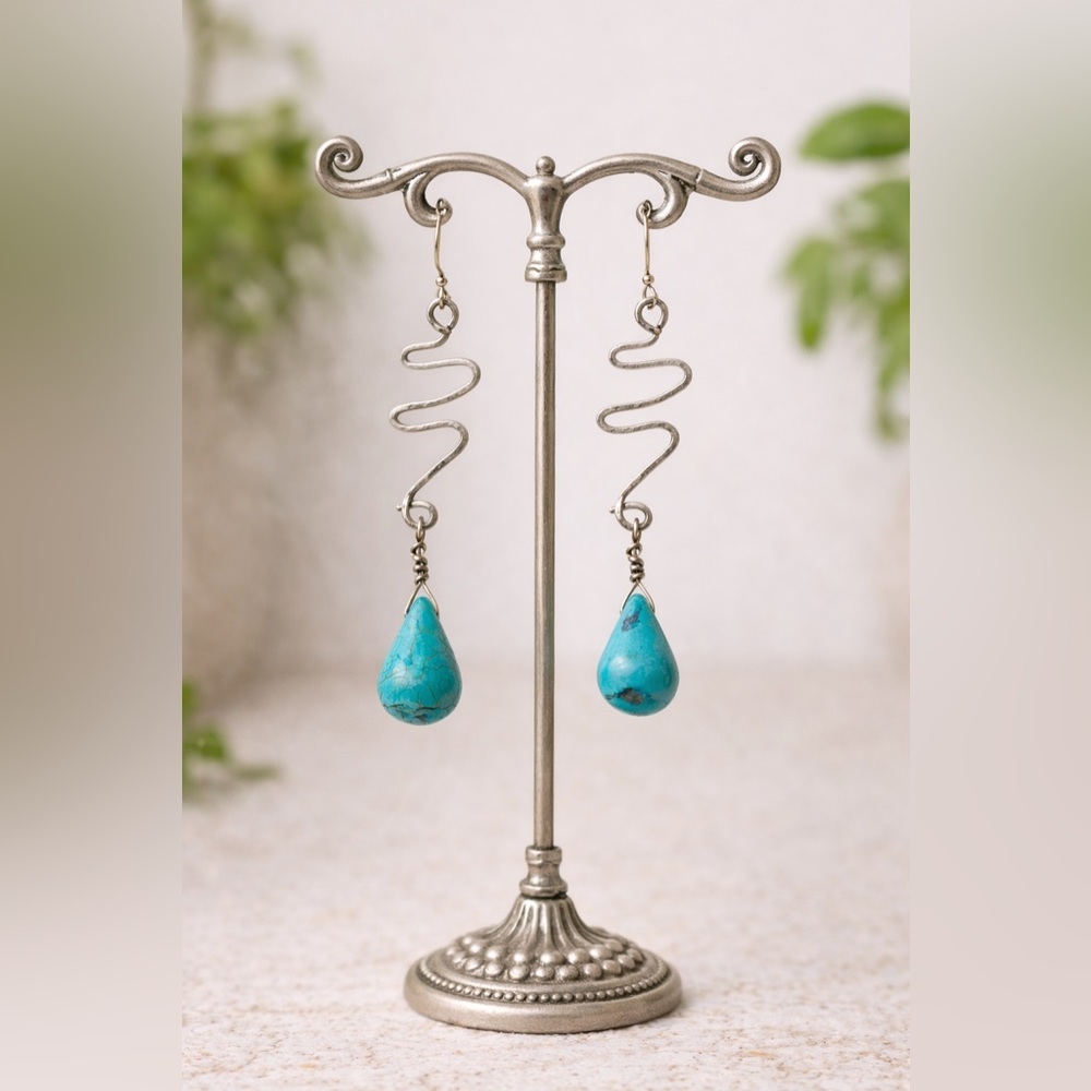 Handmade Turquoise Wavy Drop Earrings | Artisan Boho Dangle Jewelry